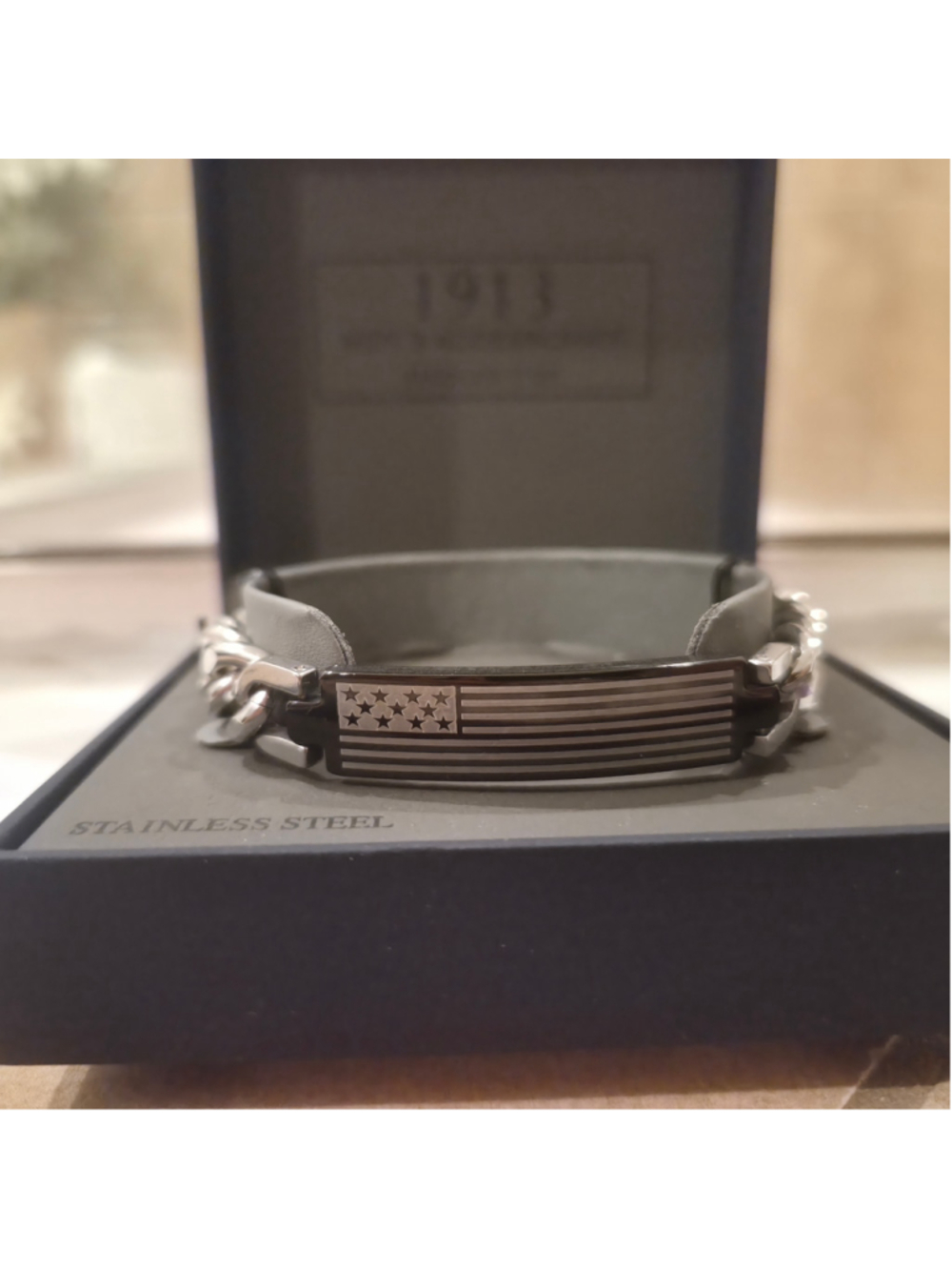 1913 Men's Stainless Steel American Flag Bracelet Patriotic Chain ID Black